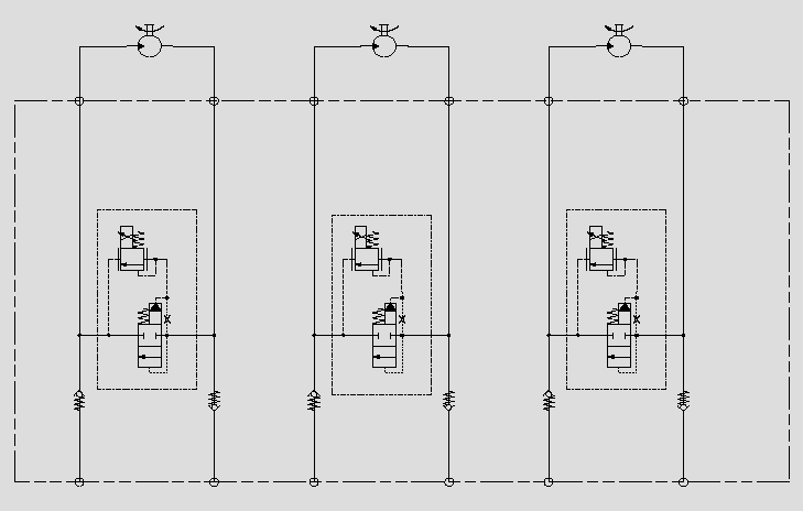 此原理圖通過在大流量邏輯閥上的T-8A的插孔插入電比例壓力閥，實現大流量馬達的調速。