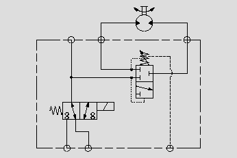 此原理圖為電磁閥控制制動器動作，順序閥實現(xiàn)馬達進出口相通。