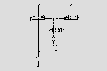 此原理圖為用小流量電磁閥作為先導閥控制邏輯元件，實現大流量控制。
